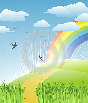 Grass, birds and rainbow landscape / vector