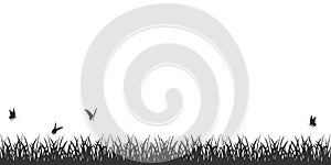 Grass black silhouette border with butterflies. Vector illustration of seamless lawn isolated on white.