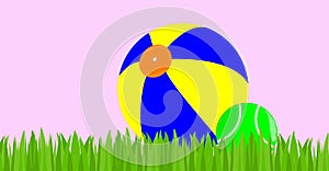 Grass Border. Inflatable and Tennis Ball. Graphic, digital drawing relating to the game, play, betting and competition.