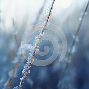 grass covered shiny transparent crystals of cold blue frost are strung like beads on a Sunny winter morning
