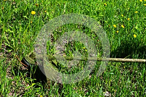 Grass cutter on background made of long grass on