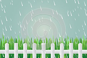 Grass fence on day torrential rain on green background.vector Illustration