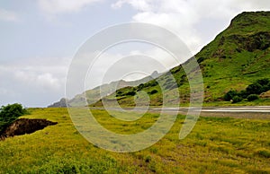 Grass field by the runway on the airport of Brava photo