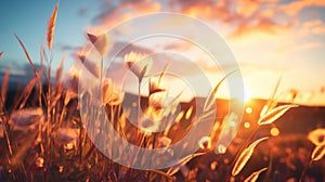 Grass flower on sunset sky background. Summer and nature concept. Generative ai