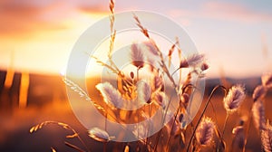 Grass flower on sunset sky background. Summer and nature concept. Generative ai