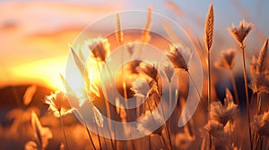 Grass flower on sunset sky background. Summer and nature concept. Generative ai