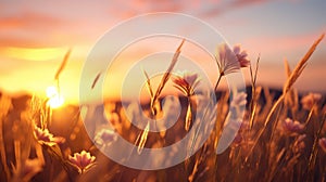 Grass flower on sunset sky background. Summer and nature concept. Generative ai