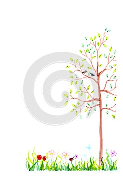 Grass, flowers, butterfly, tree illustration background