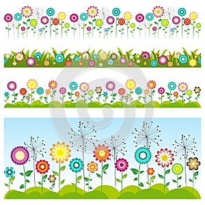 Grass and flowers set. Floral seamless patterns.