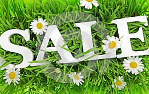 Grass with flowers and white text Sale