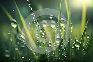 Grass. Fresh green spring grass with dew drops closeup, Generative AI