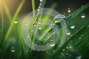 Grass. Fresh green spring grass with dew drops closeup. Summer, spring background. generative A