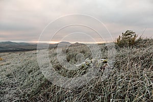 Grass with frost in a field at dawn. Dawn in autumn field. Hills in morning haze. Grass covered with autumn hoarfrost.