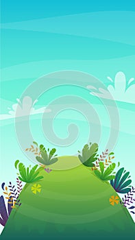 Grass glade lawn in the forest background, joyful bright kids green field, cartoon style hill summer sun clear sky with clouds
