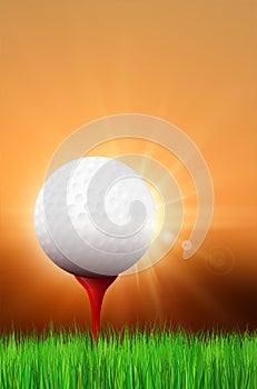 Grass, golf ball on red tee and shiny sunset