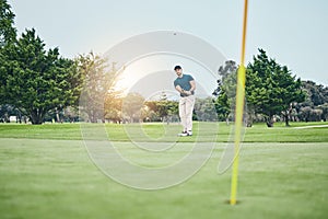 Grass, golf hole and man with golfing club on course for game, practice and training for competition. Professional