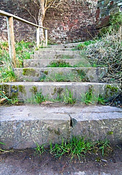 Grass grows in the cracks of old stone stairs