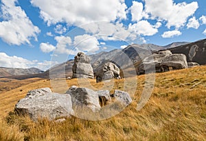 Grass hills at Castle Hills rock formation in New Zealand