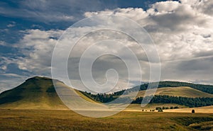 Grass hills covered with trees in steppe under spectacular clouds sky during sunset.