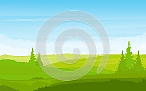 Grass Landscape with Sky Trees Clouds vector illustration. Spring landscape green background vector illustration