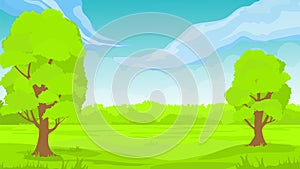 Grass Landscape with Sky Trees Clouds vector illustration. Spring landscape green background vector illustration