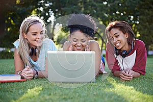 Grass, laptop or friends in park at college, campus or together with online course, smile or group. University, relax or