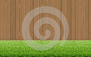 Grass lawn and brown wooden fence. Spring background.