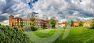 Grass lawn in Wawel castle, panoramic view