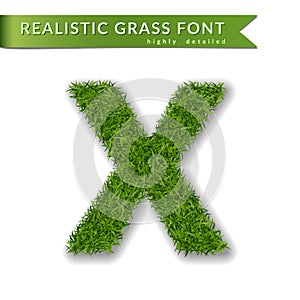 Grass letter X, alphabet 3D design. Capital letter text. Green font isolated white background, shadow. Symbol eco nature