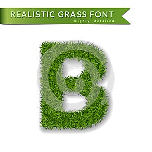 Grass letter B, alphabet 3D design. Capital letter text. Green font isolated white background, shadow. Symbol eco nature