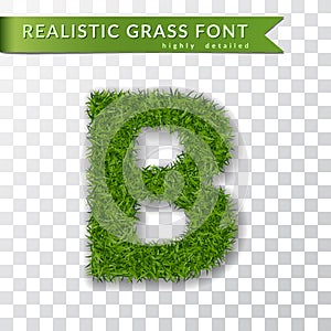 Grass letter B, alphabet 3D design. Capital letter text. Green font isolated white transparent background, shadow