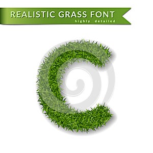 Grass letter C, alphabet 3D design. Capital letter text. Green font isolated white background, shadow. Symbol eco nature