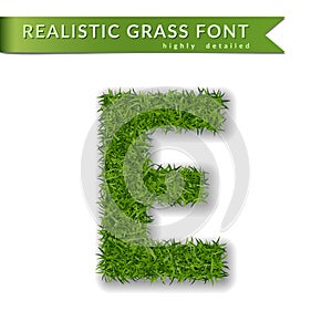 Grass letter E, alphabet 3D design. Capital letter text. Green font isolated white background, shadow. Symbol eco nature