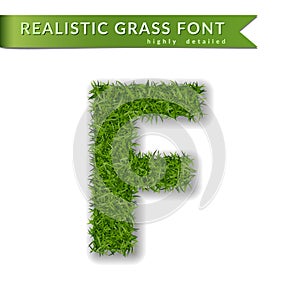 Grass letter F, alphabet 3D design. Capital letter text. Green font isolated white background, shadow. Symbol eco nature