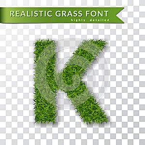 Grass letter K, alphabet 3D design. Capital letter text. Green font isolated white transparent background, shadow