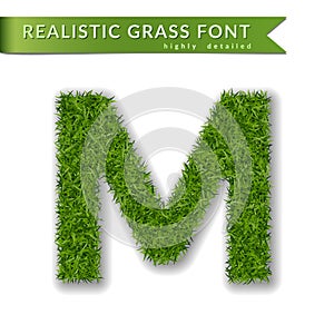 Grass letter M, alphabet 3D design. Capital letter text. Green font isolated white background, shadow. Symbol eco nature