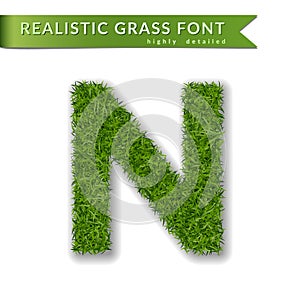 Grass letter N, alphabet 3D design. Capital letter text. Green font isolated white background, shadow. Symbol eco nature