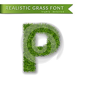 Grass letter P, alphabet 3D design. Capital letter text. Green font isolated white background, shadow. Symbol eco nature