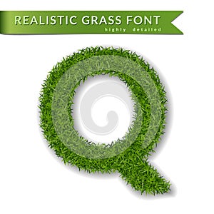 Grass letter Q, alphabet 3D design. Capital letter text. Green font isolated white background, shadow. Symbol eco nature