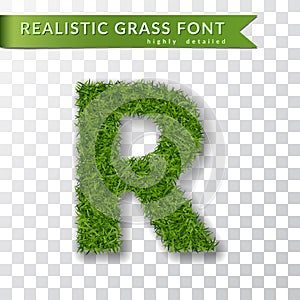 Grass letter R, alphabet 3D design. Capital letter text. Green font isolated white transparent background, shadow