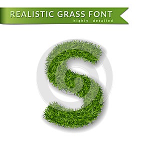 Grass letter S, alphabet 3D design. Capital letter text. Green font isolated white background, shadow. Symbol eco nature