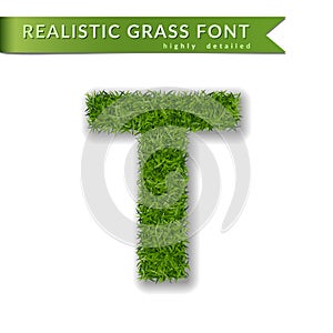 Grass letter T, alphabet 3D design. Capital letter text. Green font isolated white background, shadow. Symbol eco nature