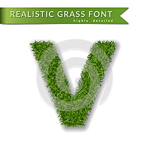 Grass letter V, alphabet 3D design. Capital letter text. Green font isolated white background, shadow. Symbol eco nature