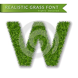 Grass letter W, alphabet 3D design. Capital letter text. Green font isolated white background, shadow. Symbol eco nature