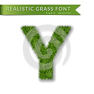 Grass letter Y, alphabet 3D design. Capital letter text. Green font isolated white background, shadow. Symbol eco nature