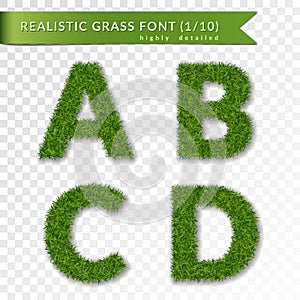 Grass letters A, B, C, D set alphabet 3D design. Capital letter text. Green font isolated white transparent background