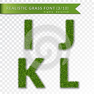 Grass letters I, J, K, L set alphabet 3D design. Capital letter text. Green font isolated white transparent background