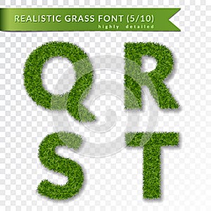 Grass letters Q, R, S, T set alphabet 3D design. Capital letter text. Green font isolated white transparent background