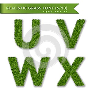 Grass letters U, V, W, X set alphabet 3D design. Capital letter text. Green font isolated white background, shadow