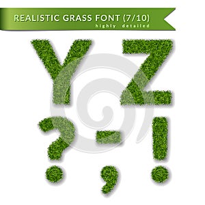 Grass letters Y, Z, question, exclamation mark, coma, apostrophe, minus hyphen dash symbol. Set alphabet 3D design